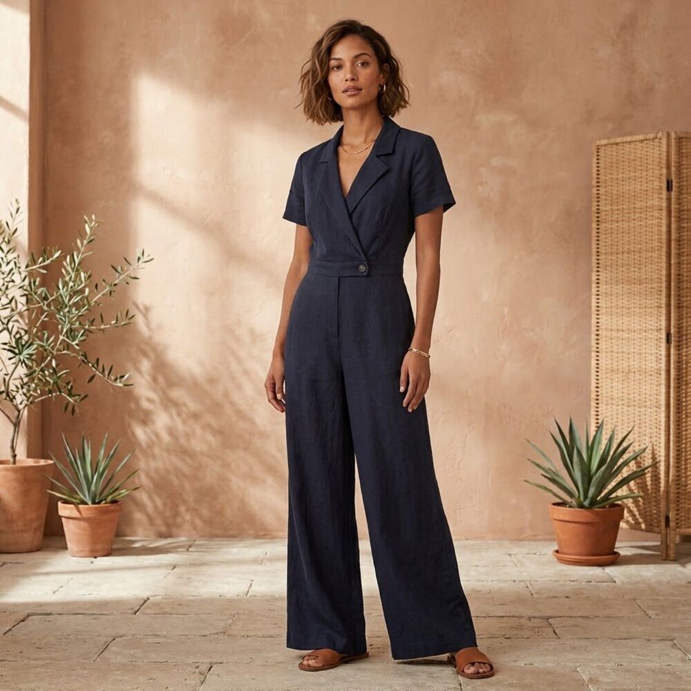 Francesca Linen Blend Wide Leg Jumpsuit Womens Sz S Navy Preppy Nautical Coastal
